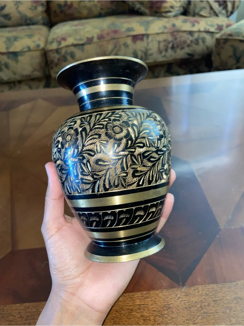 Hand Etched Floral Black Gold Vase Made In India Handmade Vintage Decor